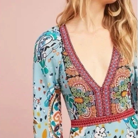 Blue and Red Plunge Neck Bishop Sleeve Mini Sundress - Picture 1 of 6